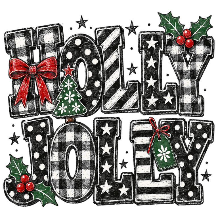 holly jolly christmas sign with buffalo plaid letters stars holly berries and ribbon bow Grey Barn Handwerk Saskatchewan